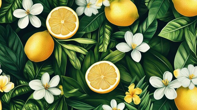 Seamless pattern of lemons and flowers, tropical vibe, yellow and green color scheme