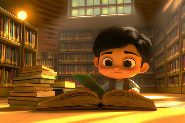 A boy is stressing about studying for his final exam alone in the school library.