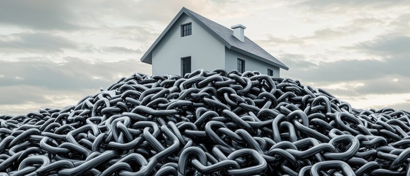Gloomy house covered in heavy chains, symbolizing economic hardship, mortgage burden, and risk of losing property due to debt