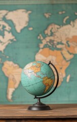 A vintage globe sits on a wooden table with a colorful world map background