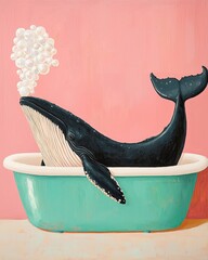 A whimsical illustration of a whale relaxing in a bathtub, exhaling bubbles against a pastel pink background.