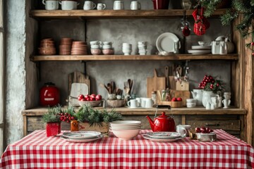 Charming country kitchen with a red and white checkered tablecloth, festive decorations for Christmas, Easter, or Valentine's Day, and a cozy dining room setting.