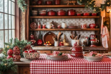 Charming country kitchen with a red and white checkered tablecloth, festive decorations for Christmas, Easter, or Valentine's Day, and a cozy dining room setting.