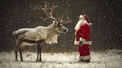 Santa with reindeer in snow-covered field