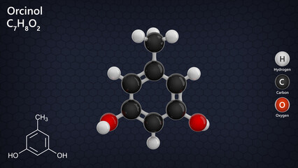 Molecule: Orcinol. Reagent. Molecular structure. Formula: C7H8O2. Chemical model: Ball and stick. Dark background. 3D illustration.