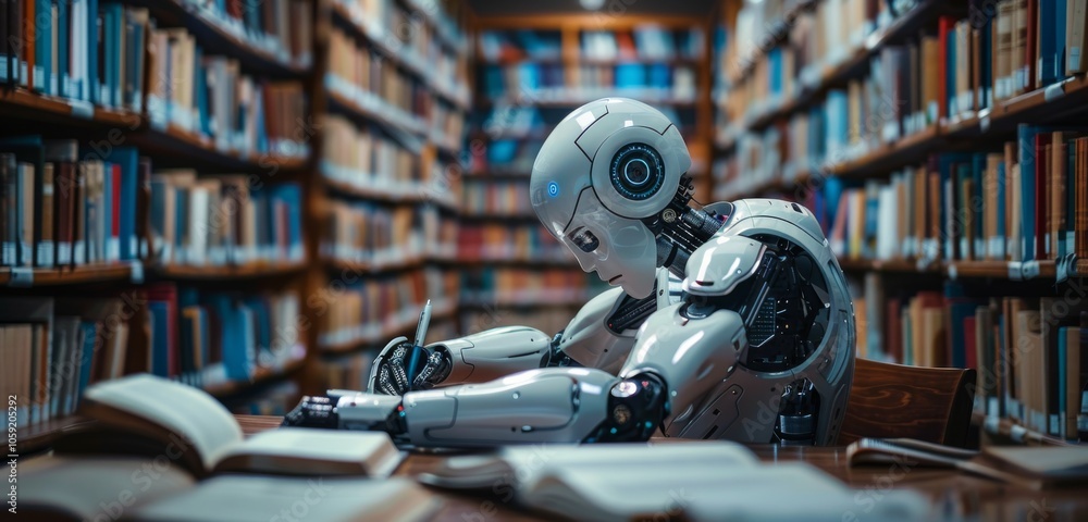 Poster white robot writing notes in a library with bookshelves