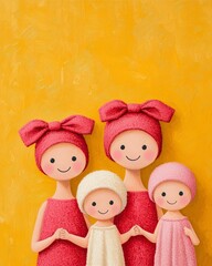 Fototapeta premium A cheerful family of playful dolls dressed in colorful towels, showcasing warmth and togetherness against a bright yellow background.