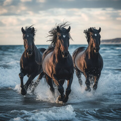Black horses with flowing manes gallop along the shimmering shoreline, their powerful forms contrasting against the vibrant sea.