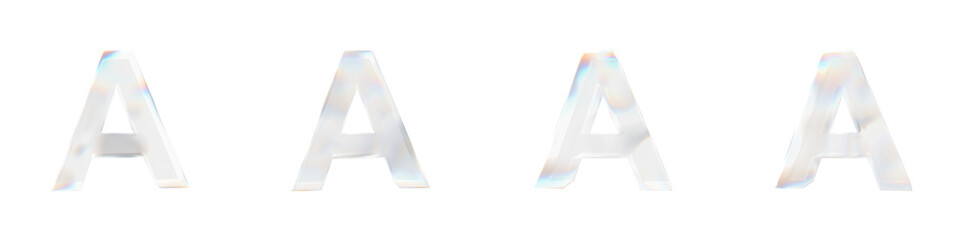 Set of 4 3d letter A with glass distortion effect isolated on a transparent background. 3d transparent elements for graphic design.