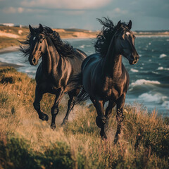 Black horses with flowing manes gallop along the shimmering shoreline, their powerful forms contrasting against the vibrant sea.