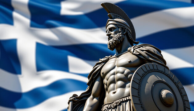 Statue of Leonidas with Greek flag background, featuring the iconic statue of King Leonidas of Sparta with the Greek flag, representing bravery and patriotism.