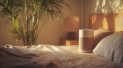 A peaceful bedroom with a guided meditation sleep track playing on a smart speaker for deep