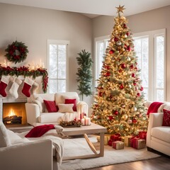 Obraz premium Christmas-Themed Living Room with Off-White Sofa and Decorated Tree in Red, Gold, and Pastel Ornaments with Warm Glow