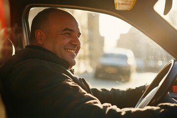 A taxi driver smiling at the wheel, cityscape background, afternoon light, mid-shot, side view 3