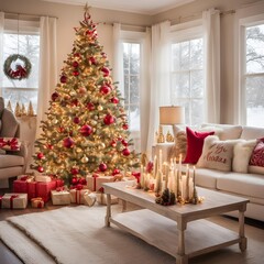 Obraz premium Christmas-Themed Living Room with Off-White Sofa and Decorated Tree in Red, Gold, and Pastel Ornaments with Warm Glow