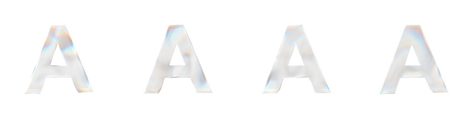 Set of 4 3d letter A with glass distortion effect isolated on a transparent background. 3d transparent elements for graphic design.