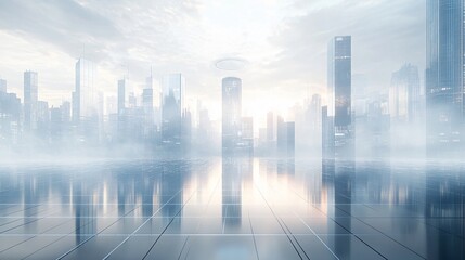 Urban Illusion: Commercial CBD Skyline with Exhibition Platforms and E-Commerce Under a Brilliant Sun