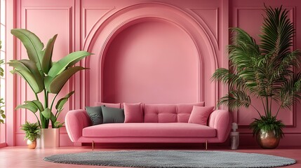Obraz premium Bedroom pink interior Art deco style with sofa and green plants 