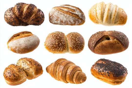 assortment of fresh breads whole wheat focaccia sourdough croissant anpan baguette bun and pastries on a white background