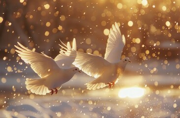 Fototapeta premium Two White Doves Soaring in Golden Light at Sunset
