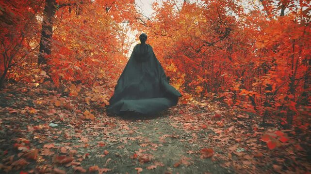 gothic woman princess running in forest black dress hem train long cape fluttering waving fly wind slow motion. Fantasy lady sexy happy girl back view. Sun ray light autumn nature trees red leaves 4k
