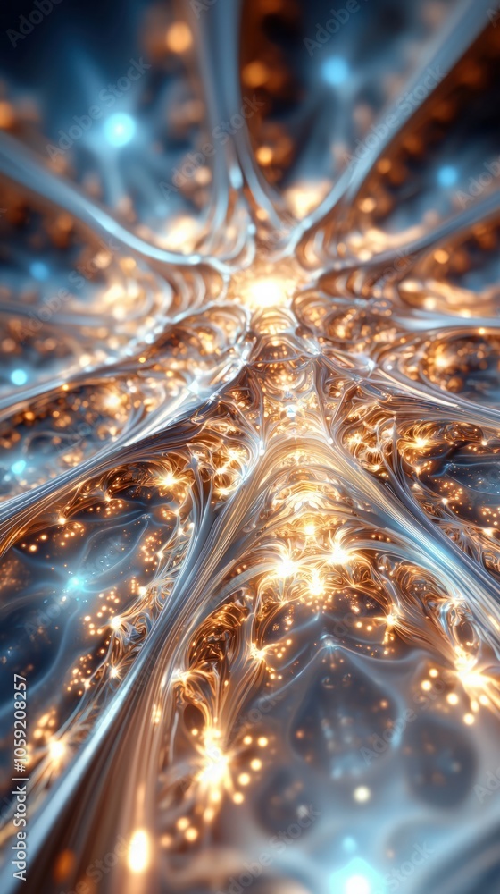 Poster exploring the intricate beauty of abstract light patterns in a dynamic digital realm