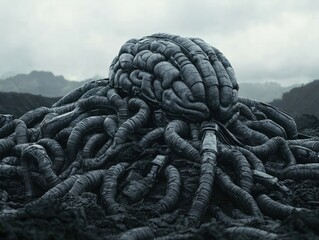 A Surreal Exploration of a Monstrous Brain-like Entity Emerging from the Ground in a Dystopian Landscape