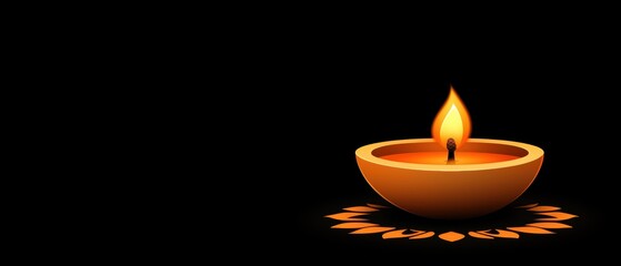 Traditional Diwali diya with bright flame on decorative rangoli, ideal for festive greetings, celebrating light, and Diwali joy