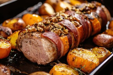 Bacon wrapped Mangalica pork tenderloin filled with walnuts and pumpkin served with veggies and boiled potatoes displayed on a baking tray