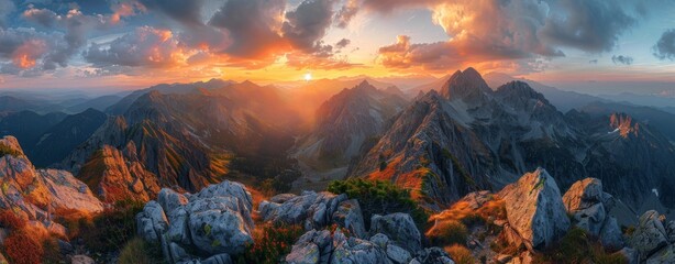 Sunset Over Mountain Ridge With Golden Hour Light
