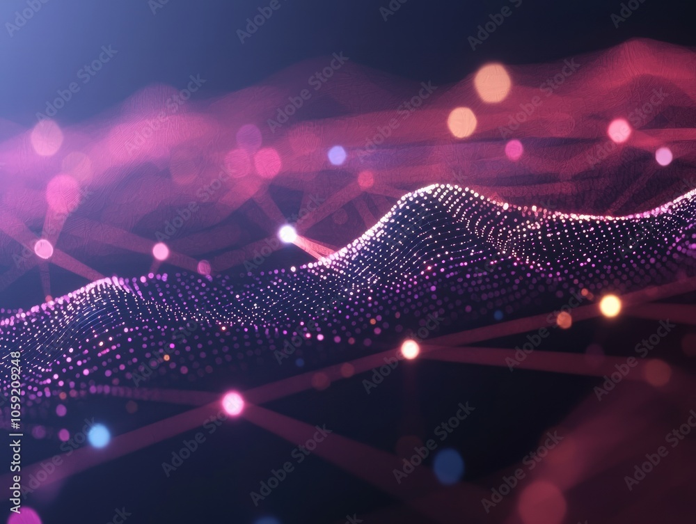 Poster exploring the intricate dance of light and data in a digital landscape of colorful waves