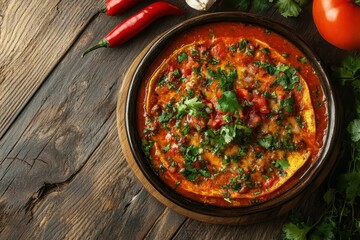 Beef enchilada in tomato sauce on a wooden table viewed from above in a Mexican kitchen