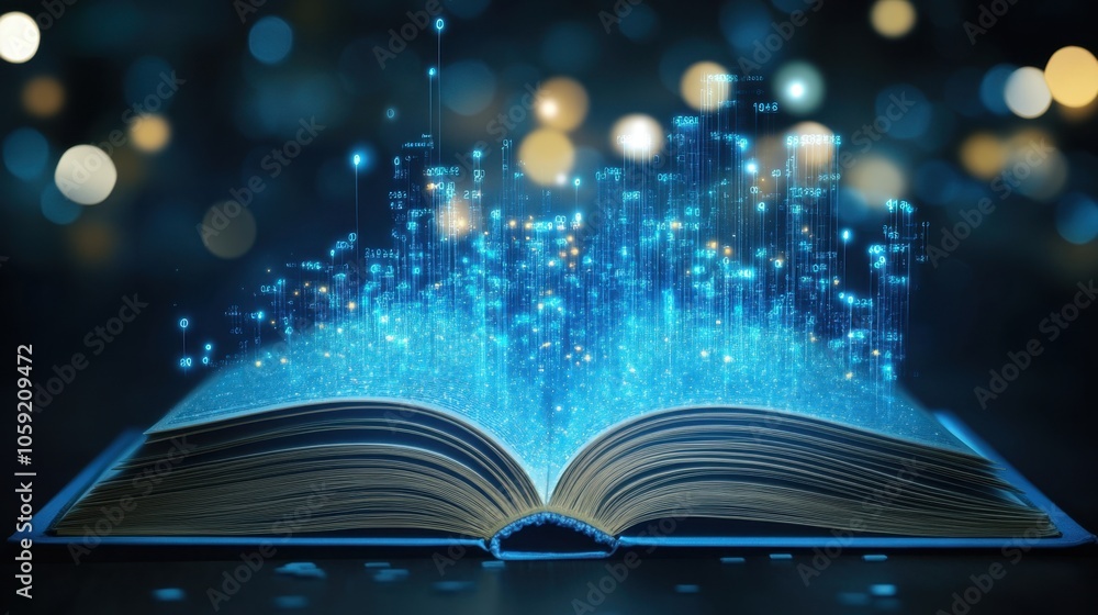 Poster open book with digital data stream visual effect