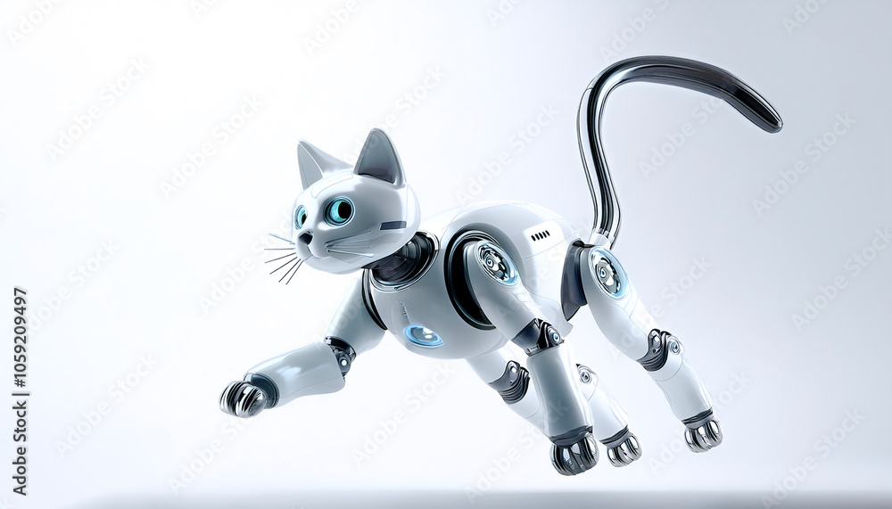 Poster ai cat robot floating or flying isolated white background