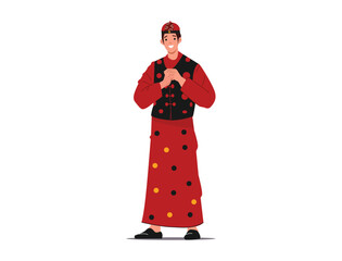 Happy chinese new year boy in traditional clothes celebrate. Set of character cartoon isolated on white background.