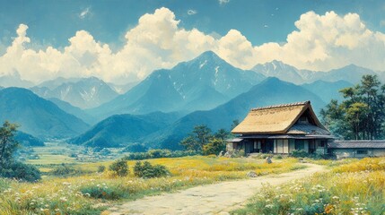 Fototapeta premium Traditional Japanese House in Mountain Valley
