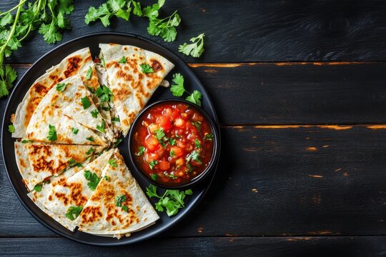 Black plate atop a dark wood table showcases a close up of a Mexican quesadilla filled with chicken green onion cheese chili pepper and coriander accompanied by tomato sals