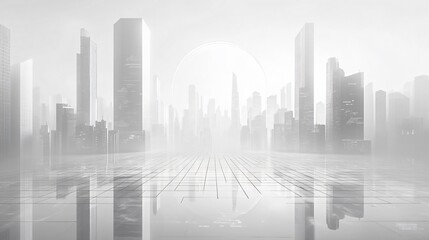 Fototapeta premium Urban Illusion: Commercial CBD Skyline with Exhibition Platforms and E-Commerce Under a Brilliant Sun