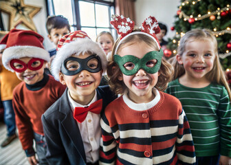 Happy children in Christmas fancy dresses celebrating Christmas in kindergarten. Christmas matinee in kindergarten. Ai generated image