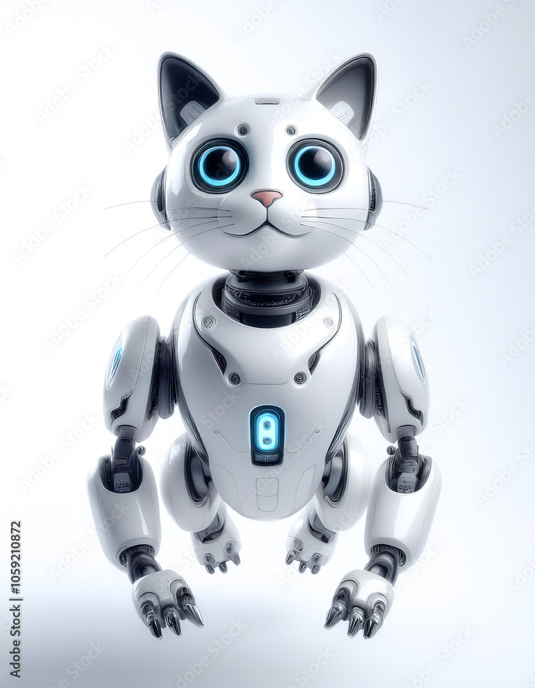 Poster ai cat robot floating or flying isolated white background
