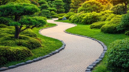 A beautiful winding path through a lush garden, surrounded by verdant greenery and tranquil atmosphere.