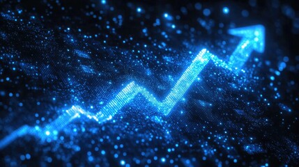 An impactful visual of financial metrics growth, featuring a glowing upward arrow and vibrant bar graphs on a blue digital background, perfect for finance-related presentations and themes