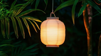 Obraz premium A glowing paper lantern hanging amidst lush green leaves, creating a warm and inviting atmosphere in an outdoor setting.