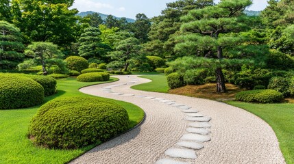 Obraz premium A serene pathway winding through a beautifully manicured garden, featuring lush greenery and carefully arranged shrubs.