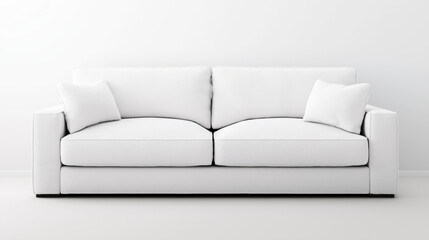Fototapeta premium Modern white sofa with two large cushions and two small pillows in a minimalistic living room setting with white walls and floor.