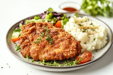 Breaded chicken or schnitzel with mashed potatoes and veggie salad on a white plate