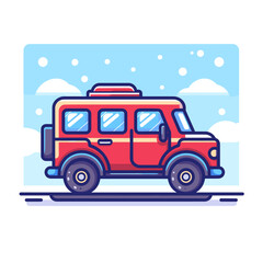 Fototapeta premium Red car with a roof rack is driving down a snowy road. The car is parked on the side of the road, and the sky is cloudy