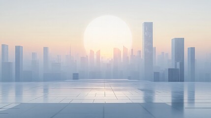 Urban Illusion: Commercial CBD Skyline with Exhibition Platforms and E-Commerce Under a Brilliant Sun