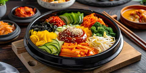 Traditional Korean bibimbap close-up with glossy sauce and fresh vegetable arrangement