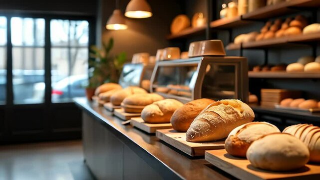 Artisan bread display in a cozy bakery showcasing freshly baked loaves in a warm atmosphere during morning hours